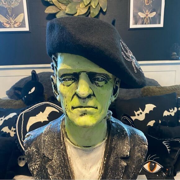 Gothic Vintage Inspired Black Beret Spider Embroidery Soft Stretchy Unique OS - Picture 3 of 5